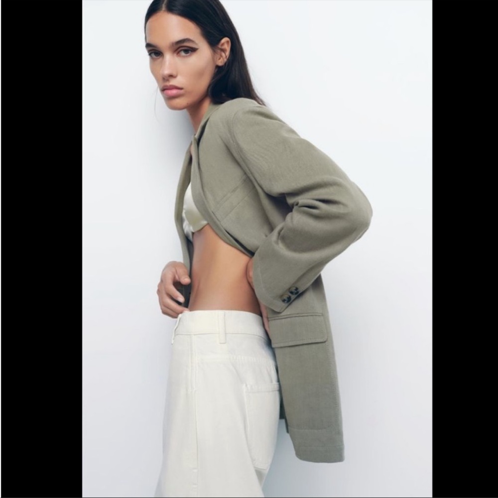 Zara Khaki Linen Blend Straight Cut Blazer Size XS - Picture 3 of 11